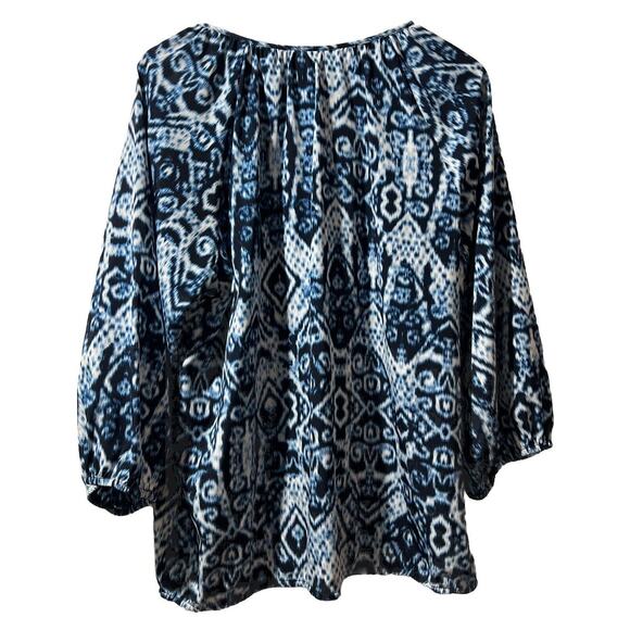 CHICO'S chicos Size 2 Large IKAT SCOOP NECK FRONT PEASANT boho bohemian blue - Picture 6 of 13
